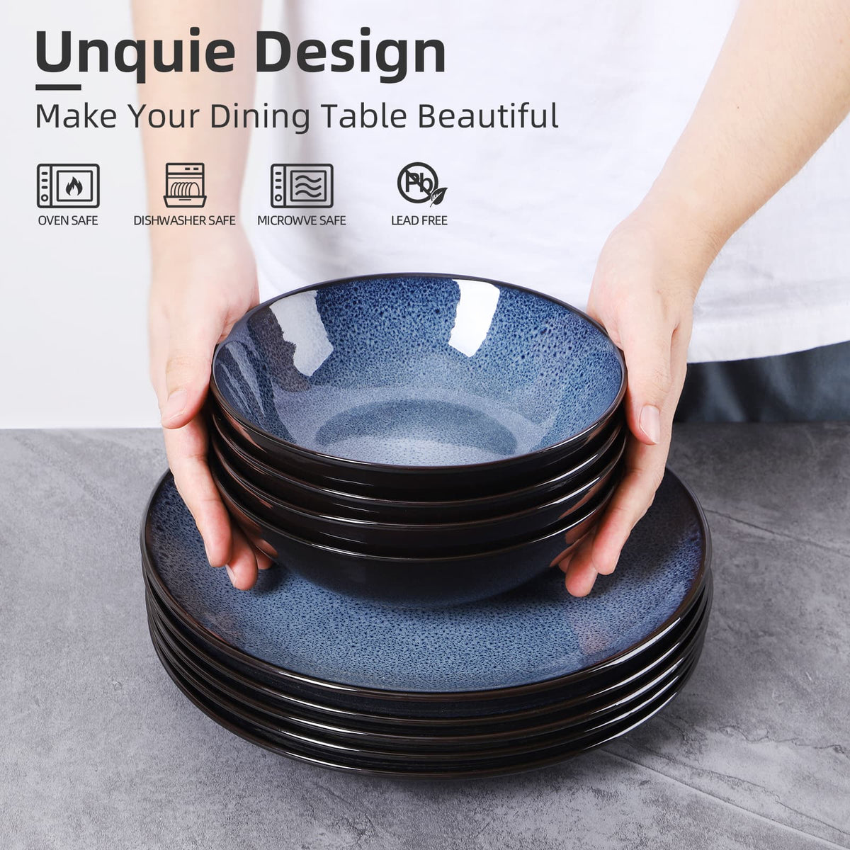 Kitchen & Dining Artisan Kiln-Glazed Peacock Blue Bowl Set | Set of 4 Ceramic Bowls for Everyday & Entertaining