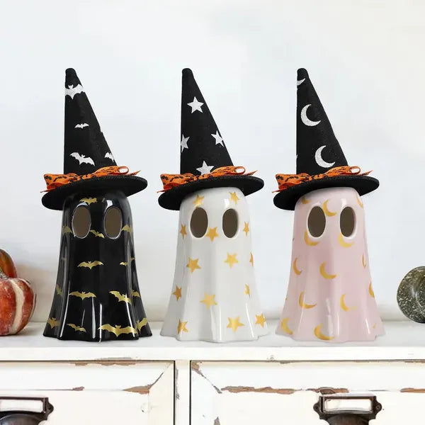 Halloween Decor Ceramic Ghost Trio | Set of 3 Spooky Witch Hat Ghost Figurines for Halloween Decor