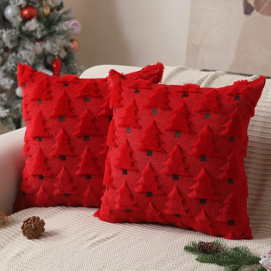 Christmas Decor Christmas Pillow Covers 18x18 – Set of 2 | Soft Plush Red Christmas Tree Throw Pillow Cases