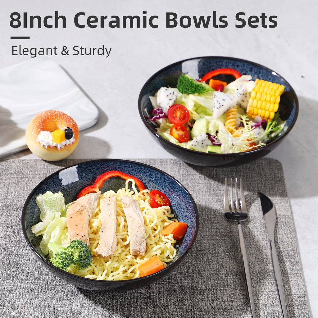 Kitchen & Dining Artisan Kiln-Glazed Peacock Blue Bowl Set | Set of 4 Ceramic Bowls for Everyday & Entertaining