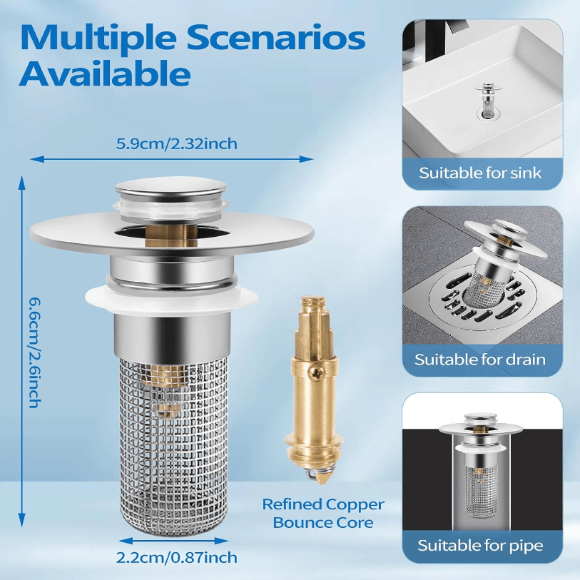 Bath Bathroom Sink Drain Strainer & Hair Catcher – Stainless Steel Pop-Up Stopper (1.1–1.29 In.)
