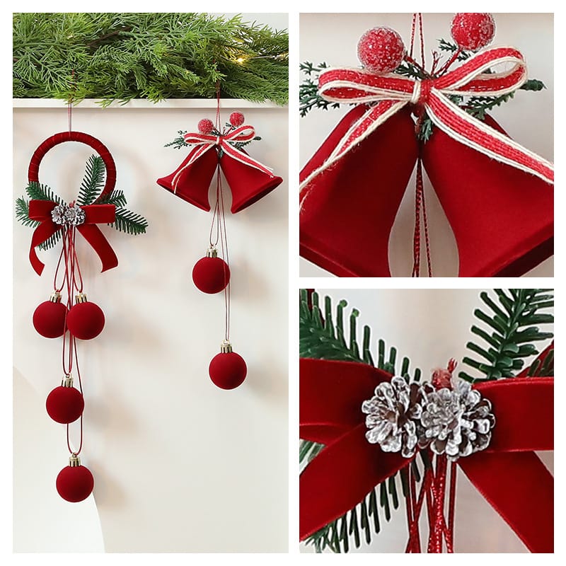 Christmas Decor Velvet Red Christmas Bell & Bow Hanging Decorations