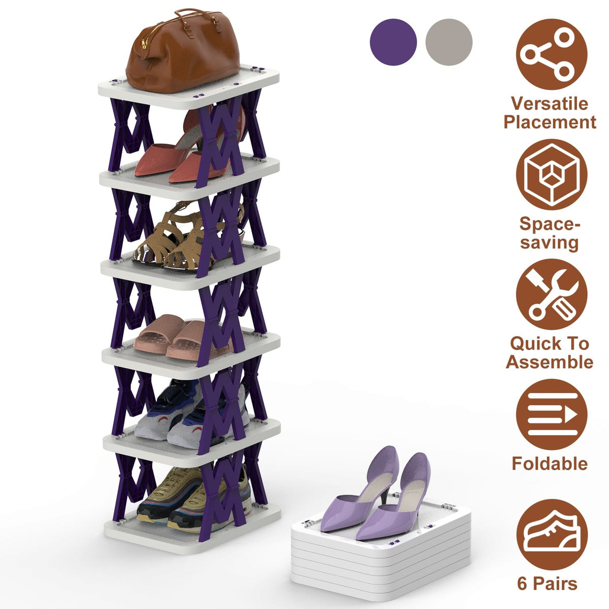 Home Organization 6 Tier Foldable Shoe Rack Organizer | Space Saving Vertical Shoe Storage for Small Spaces – 2 Colors
