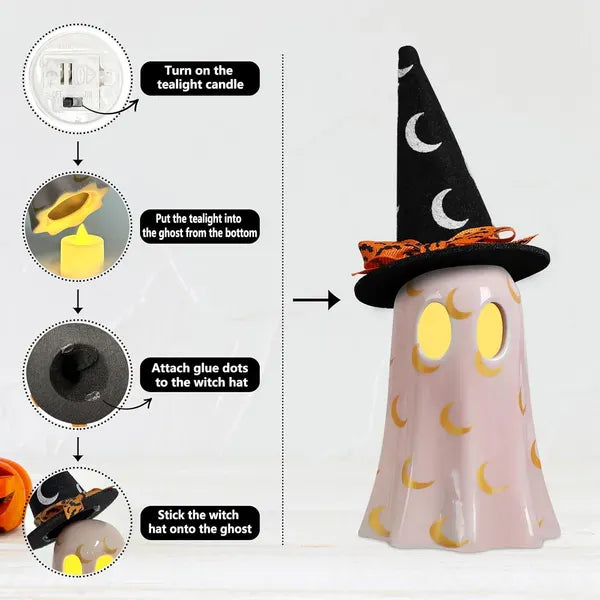 Halloween Decor Ceramic Ghost Trio | Set of 3 Spooky Witch Hat Ghost Figurines for Halloween Decor