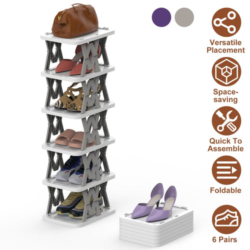 Home Organization 6 Tier Foldable Shoe Rack Organizer | Space Saving Vertical Shoe Storage for Small Spaces – 2 Colors