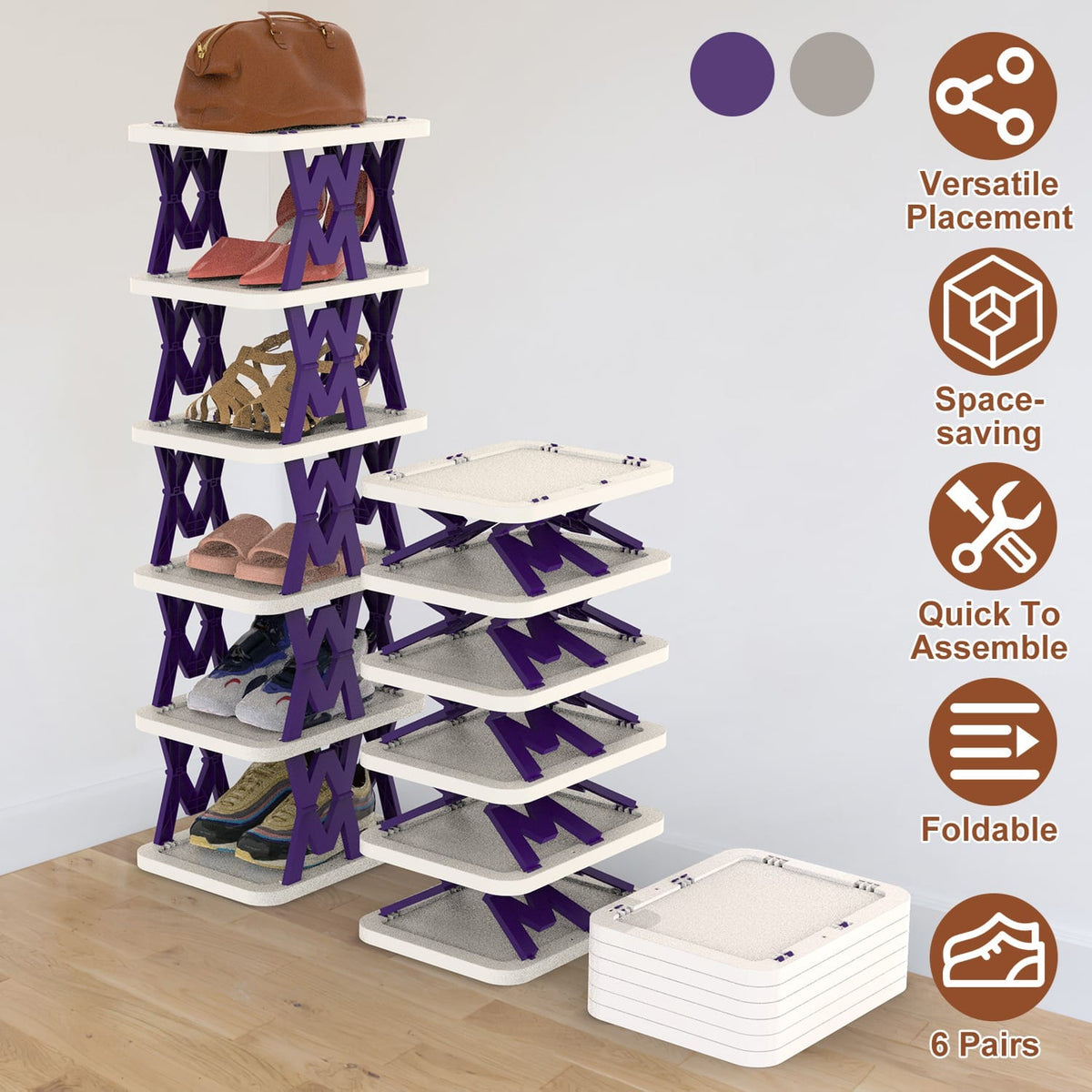Home Organization 6 Tier Foldable Shoe Rack Organizer | Space Saving Vertical Shoe Storage for Small Spaces – 2 Colors
