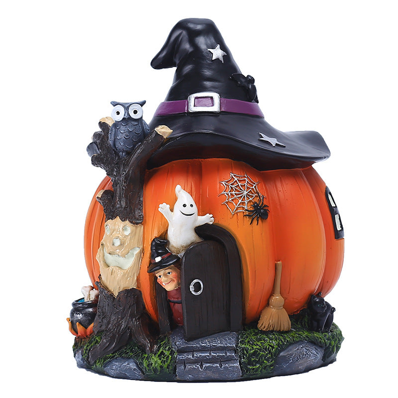 20CM Tall Halloween Witch Pumpkin House Decoration Garden Night Light Resin Craft Gift