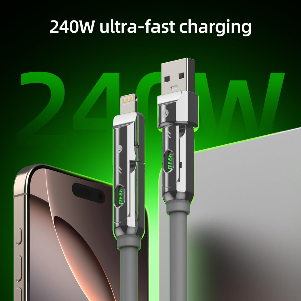 4-in-1 Charging Cable 240W | USB-C & USB-A to USB-C/Lightning | 6.6FT Silicone | iPhone 17–12, MacBook, Samsung