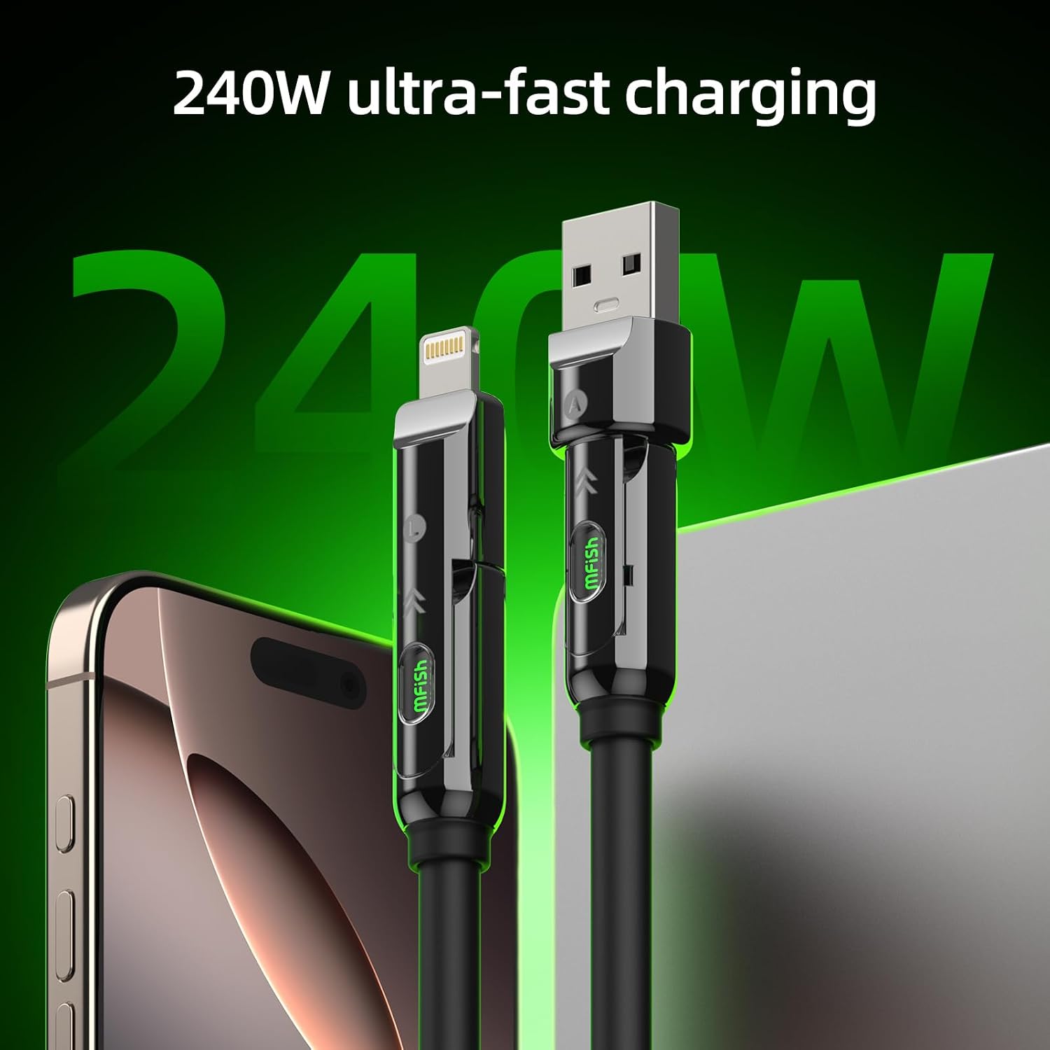 4-in-1 Charging Cable 240W | USB-C & USB-A to USB-C/Lightning | 6.6FT Silicone | iPhone 17–12, MacBook, Samsung