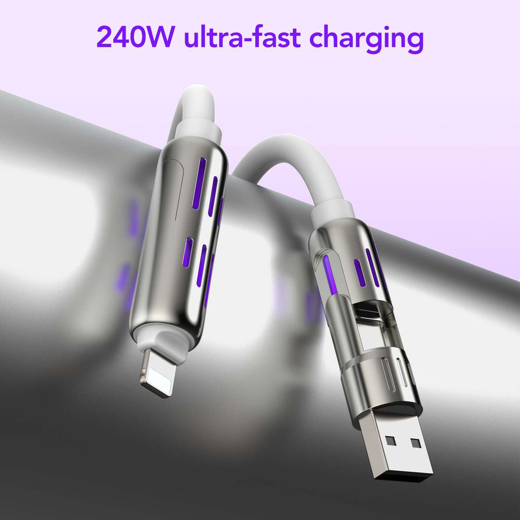 4-in-1 Charging Cable 240W | USB-C & USB-A to USB-C/Lightning | 6.6FT Silicone | iPhone 17–12, MacBook, Samsung