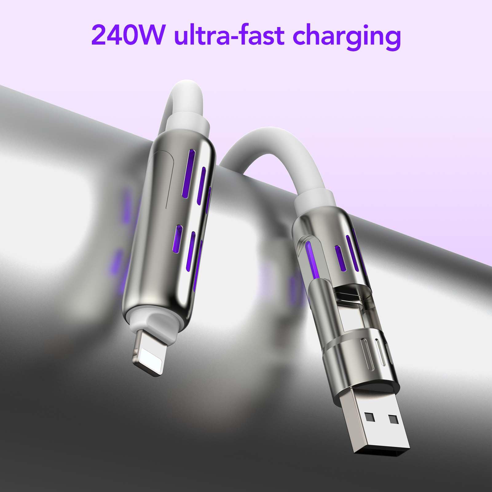 4-in-1 Charging Cable 240W | USB-C & USB-A to USB-C/Lightning | 6.6FT Silicone | iPhone 17–12, MacBook, Samsung