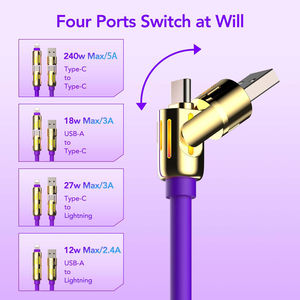 4-in-1 Charging Cable 240W | USB-C & USB-A to USB-C/Lightning | 6.6FT Silicone | iPhone 17–12, MacBook, Samsung