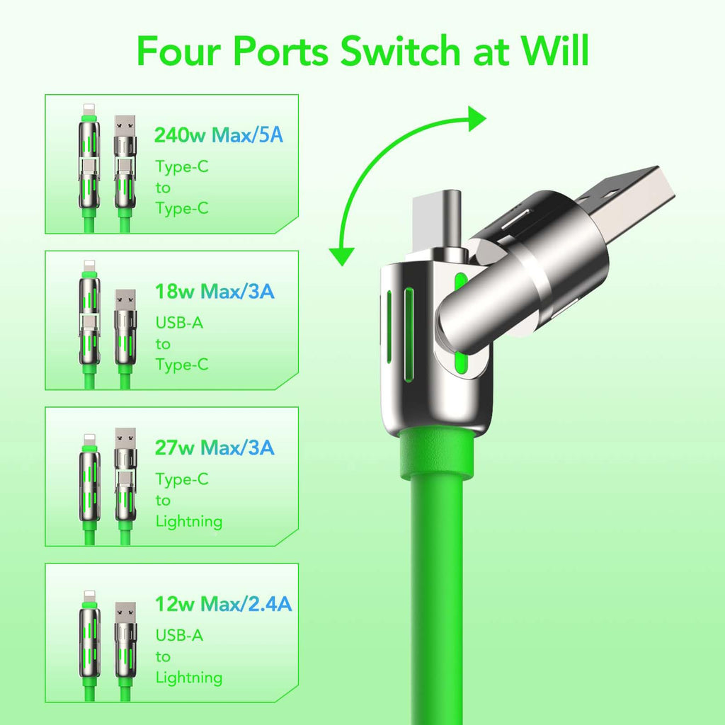 4-in-1 Charging Cable 240W | USB-C & USB-A to USB-C/Lightning | 6.6FT Silicone | iPhone 17–12, MacBook, Samsung
