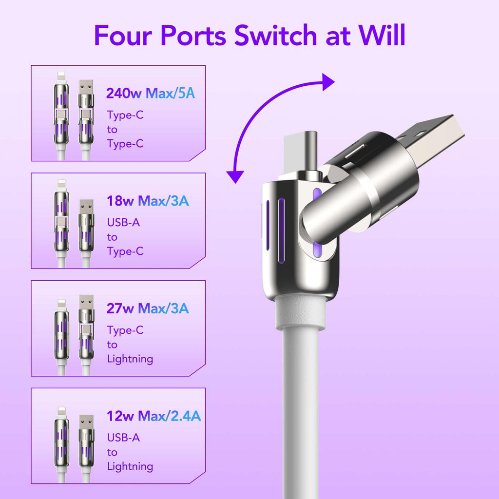 4-in-1 Charging Cable 240W | USB-C & USB-A to USB-C/Lightning | 6.6FT Silicone | iPhone 17–12, MacBook, Samsung