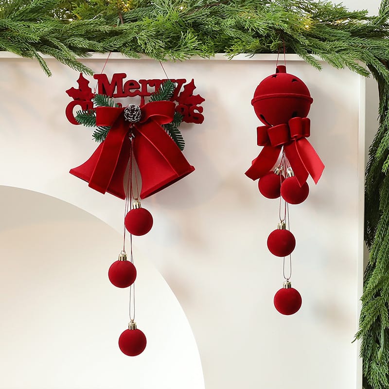 Christmas Decor Velvet Red Christmas Bell & Bow Hanging Decorations
