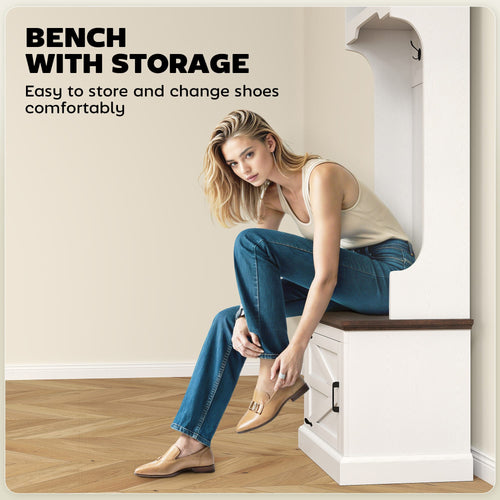 Home Organization 3-in-1 Hall Tree with Shoe Storage | Coat Rack, Bench & Entryway Organizer – White Wood Grain