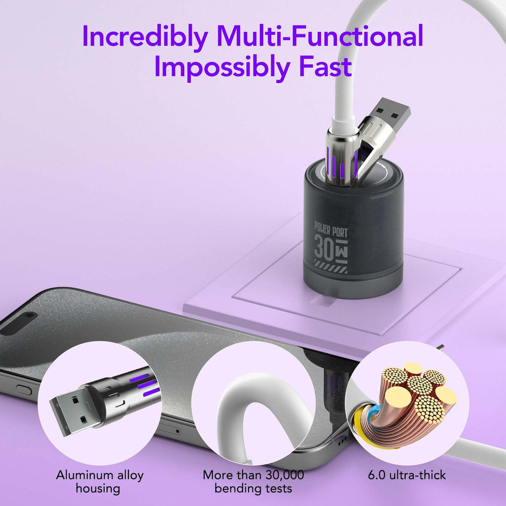 4-in-1 Charging Cable 240W | USB-C & USB-A to USB-C/Lightning | 6.6FT Silicone | iPhone 17–12, MacBook, Samsung
