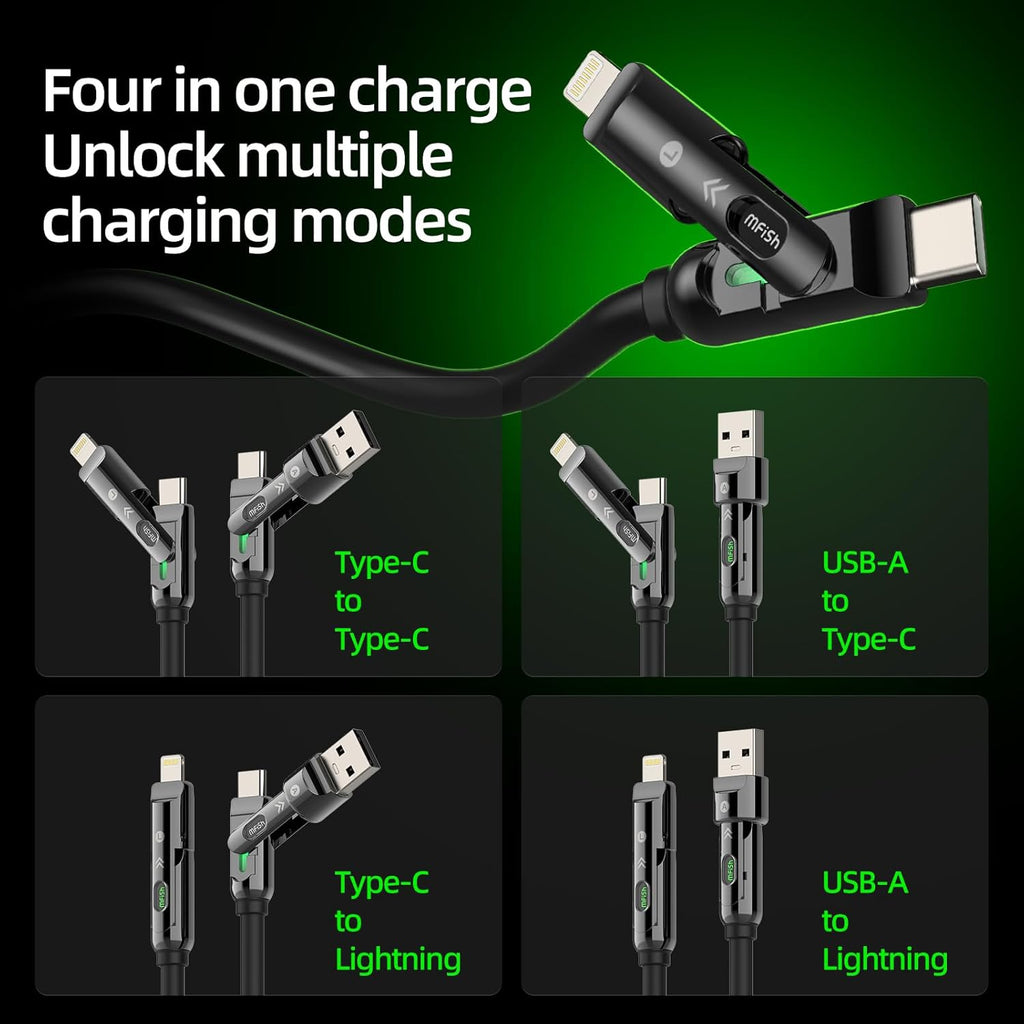 4-in-1 Charging Cable 240W | USB-C & USB-A to USB-C/Lightning | 6.6FT Silicone | iPhone 17–12, MacBook, Samsung