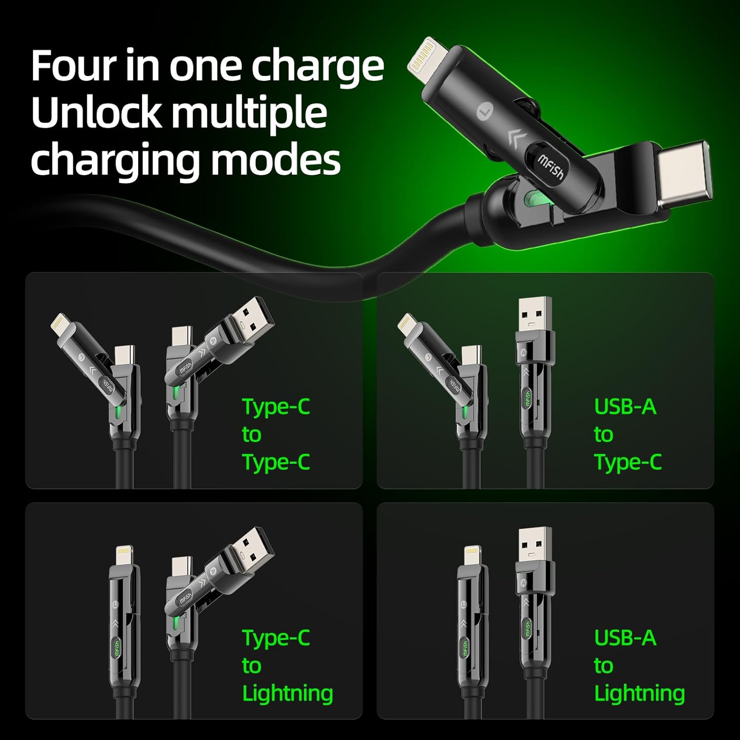4-in-1 Charging Cable 240W | USB-C & USB-A to USB-C/Lightning | 6.6FT Silicone | iPhone 17–12, MacBook, Samsung
