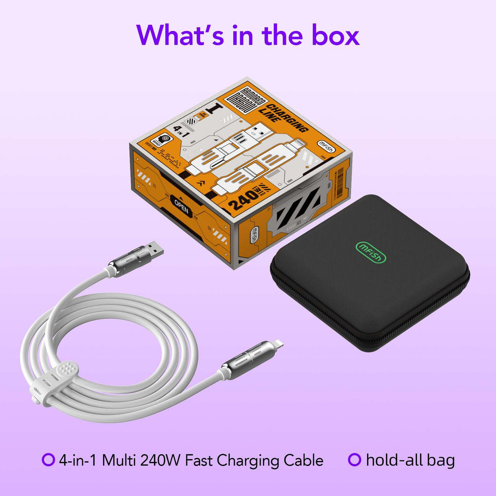 4-in-1 Charging Cable 240W | USB-C & USB-A to USB-C/Lightning | 6.6FT Silicone | iPhone 17–12, MacBook, Samsung