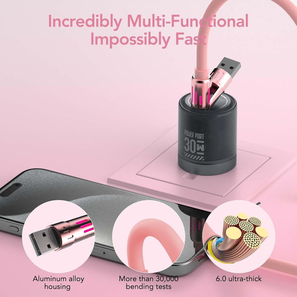 4-in-1 Charging Cable 240W | USB-C & USB-A to USB-C/Lightning | 6.6FT Silicone | iPhone 17–12, MacBook, Samsung