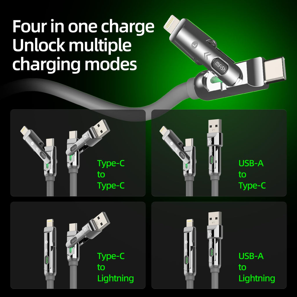 4-in-1 Charging Cable 240W | USB-C & USB-A to USB-C/Lightning | 6.6FT Silicone | iPhone 17–12, MacBook, Samsung