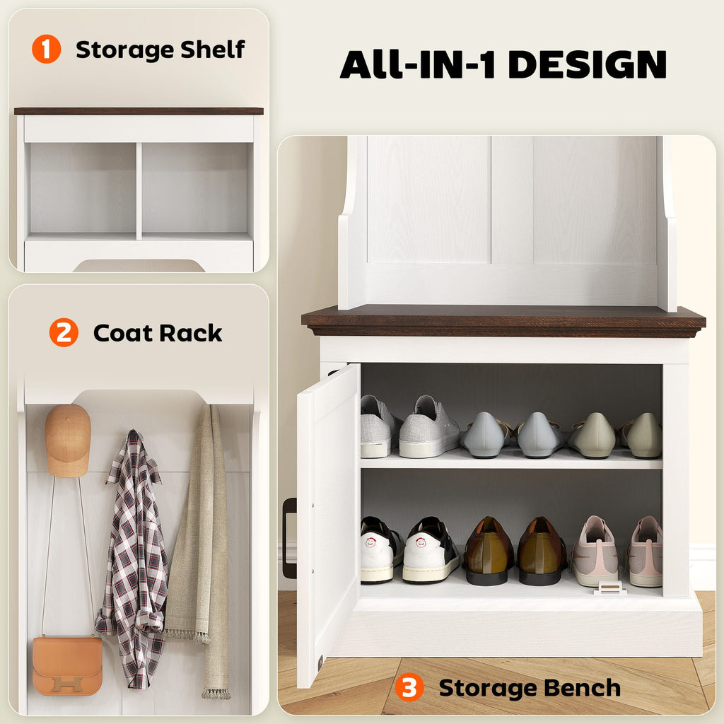 Home Organization 3-in-1 Hall Tree with Shoe Storage | Coat Rack, Bench & Entryway Organizer – White Wood Grain