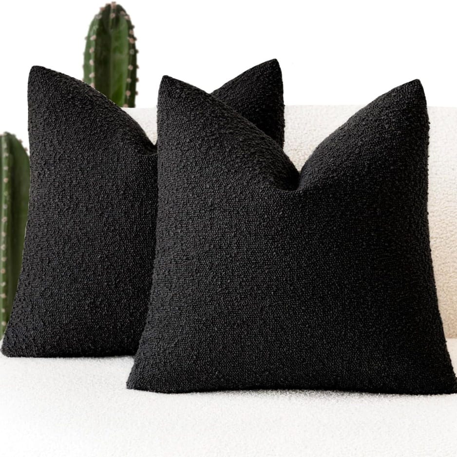 Home Decor Black Boucle Throw Pillow Cover 18x18 | Textured Accent Cushion Case for Modern Home Decor