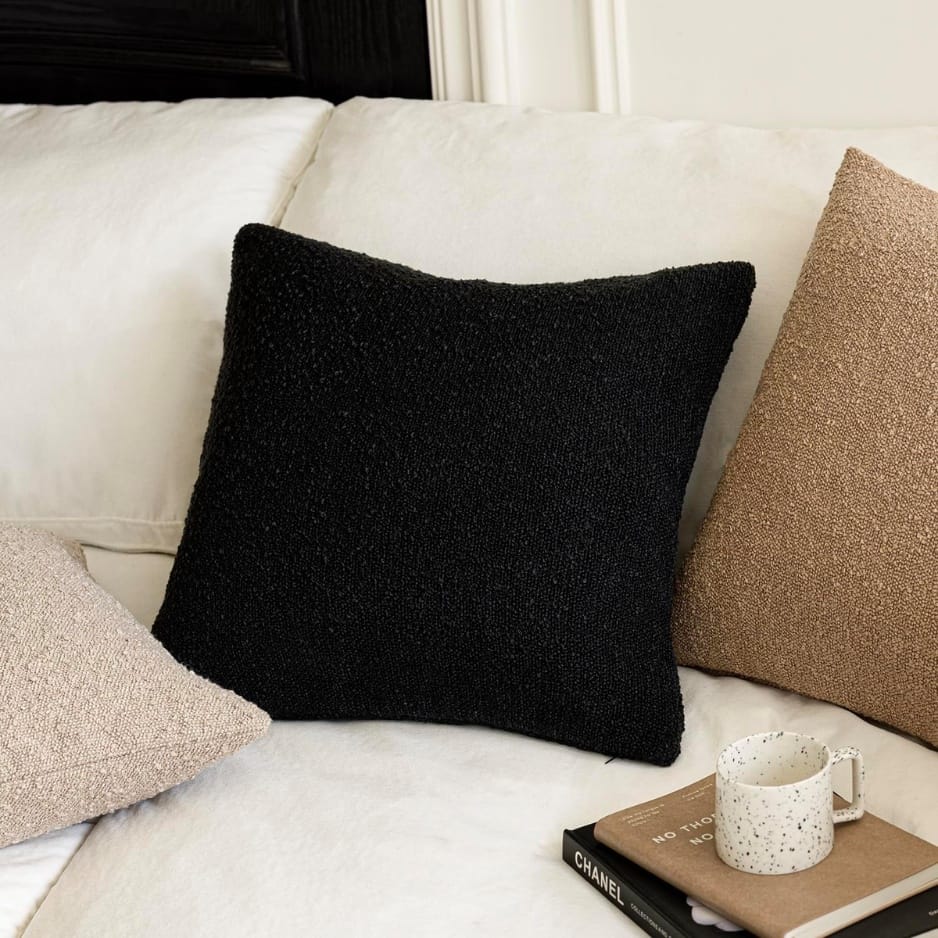 Home Decor Black Boucle Throw Pillow Cover 18x18 | Textured Accent Cushion Case for Modern Home Decor