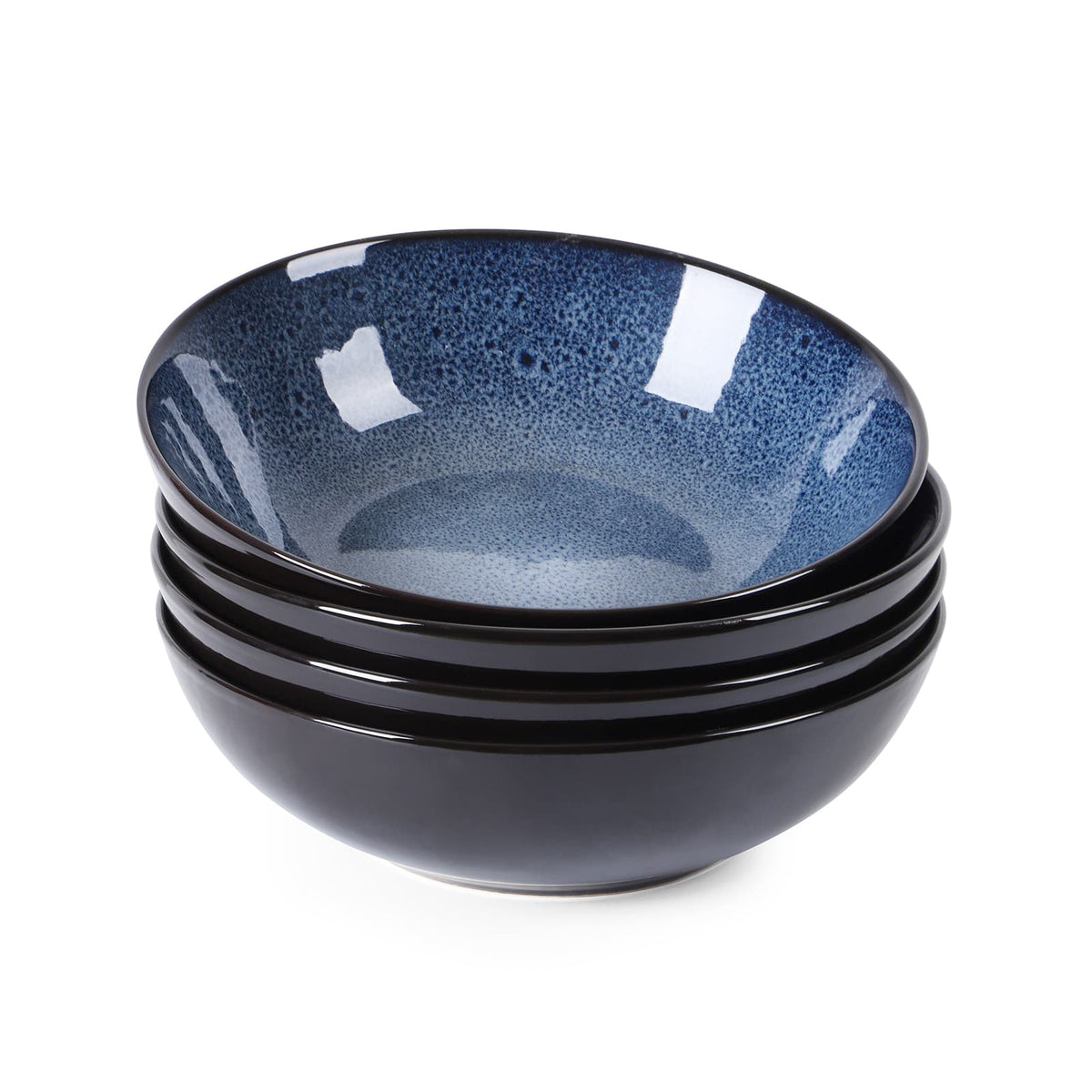 Kitchen & Dining Artisan Kiln-Glazed Peacock Blue Bowl Set | Set of 4 Ceramic Bowls for Everyday & Entertaining