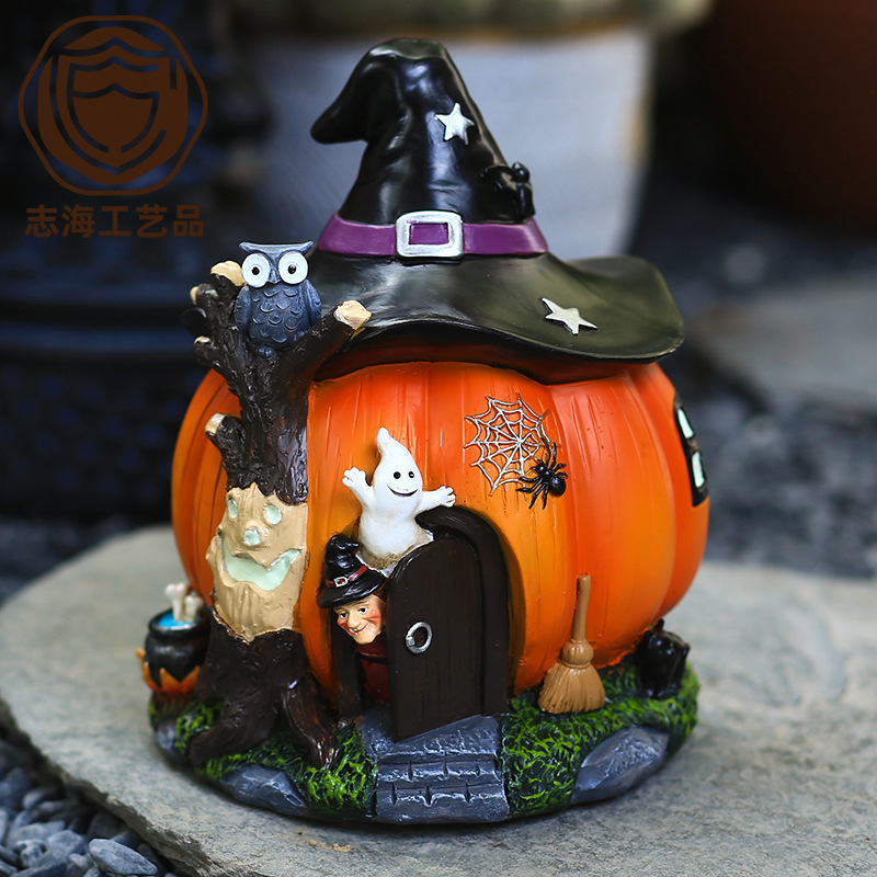 20CM Tall Halloween Witch Pumpkin House Decoration Garden Night Light Resin Craft Gift