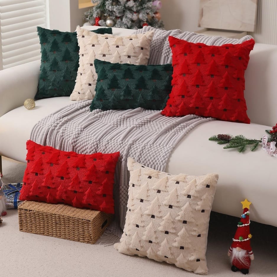 Christmas Decor Christmas Pillow Covers 18x18 – Set of 2 | Soft Plush Red Christmas Tree Throw Pillow Cases
