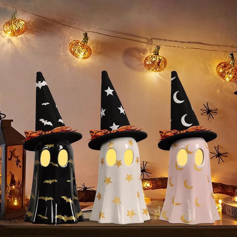 Halloween Decor Ceramic Ghost Trio | Set of 3 Spooky Witch Hat Ghost Figurines for Halloween Decor