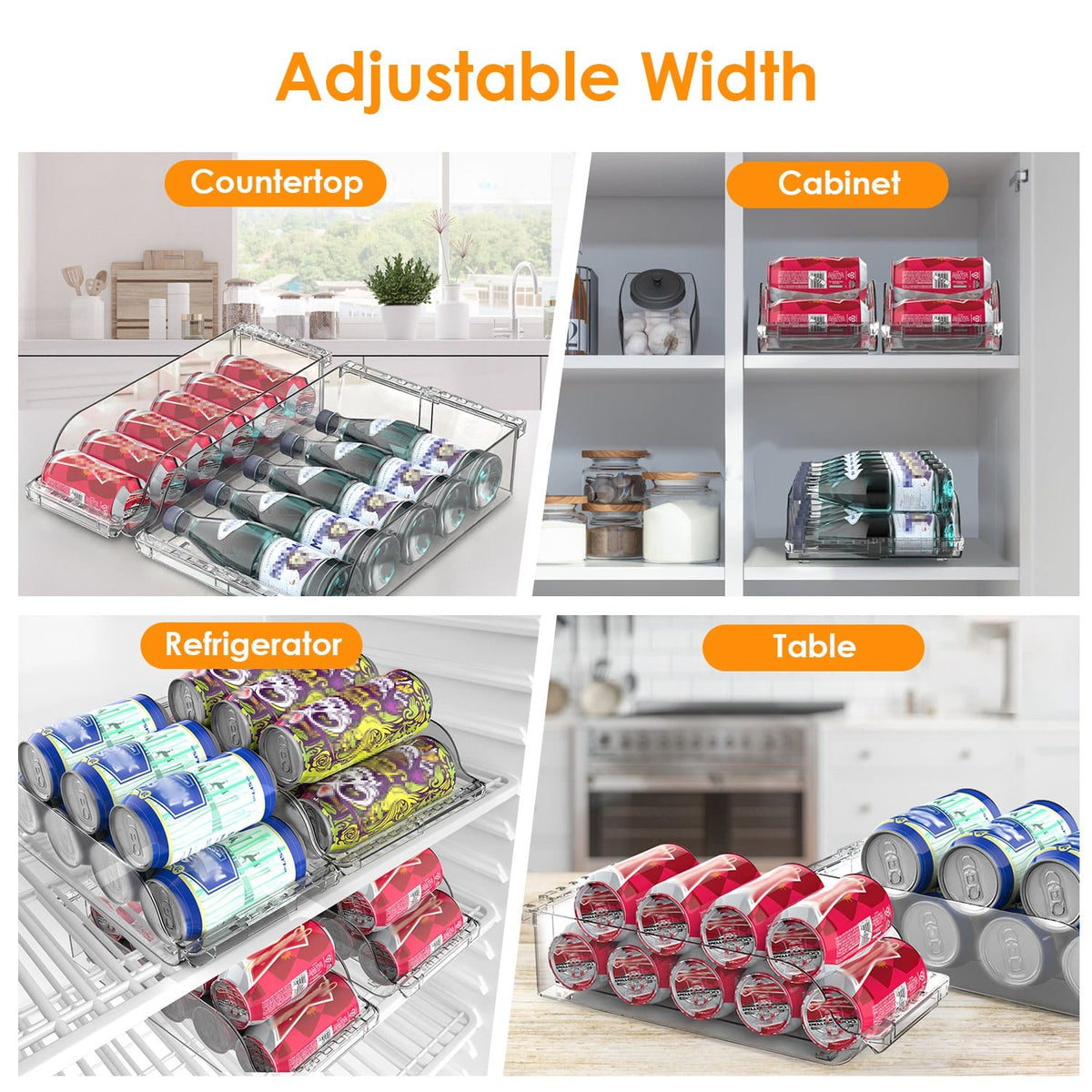 Home Organization 4-Pack Adjustable Beverage Organizer for Refrigerator – Clear Soda Can Storage Racks