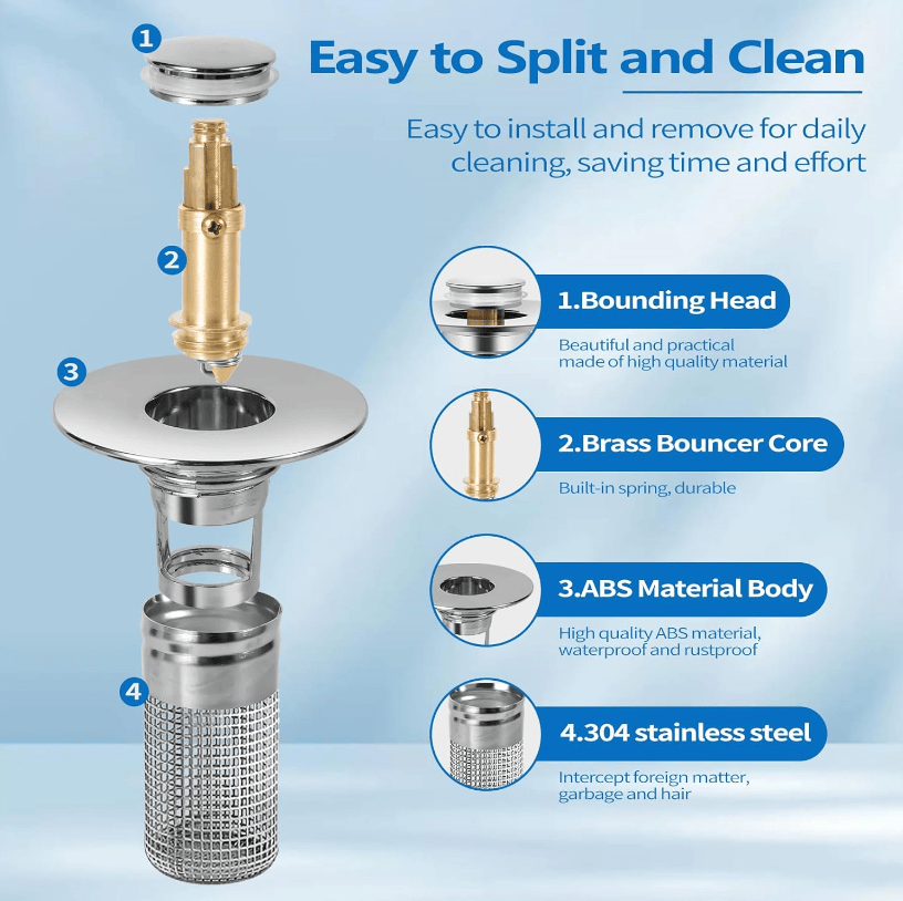 Bath Bathroom Sink Drain Strainer & Hair Catcher – Stainless Steel Pop-Up Stopper (1.1–1.29 In.)