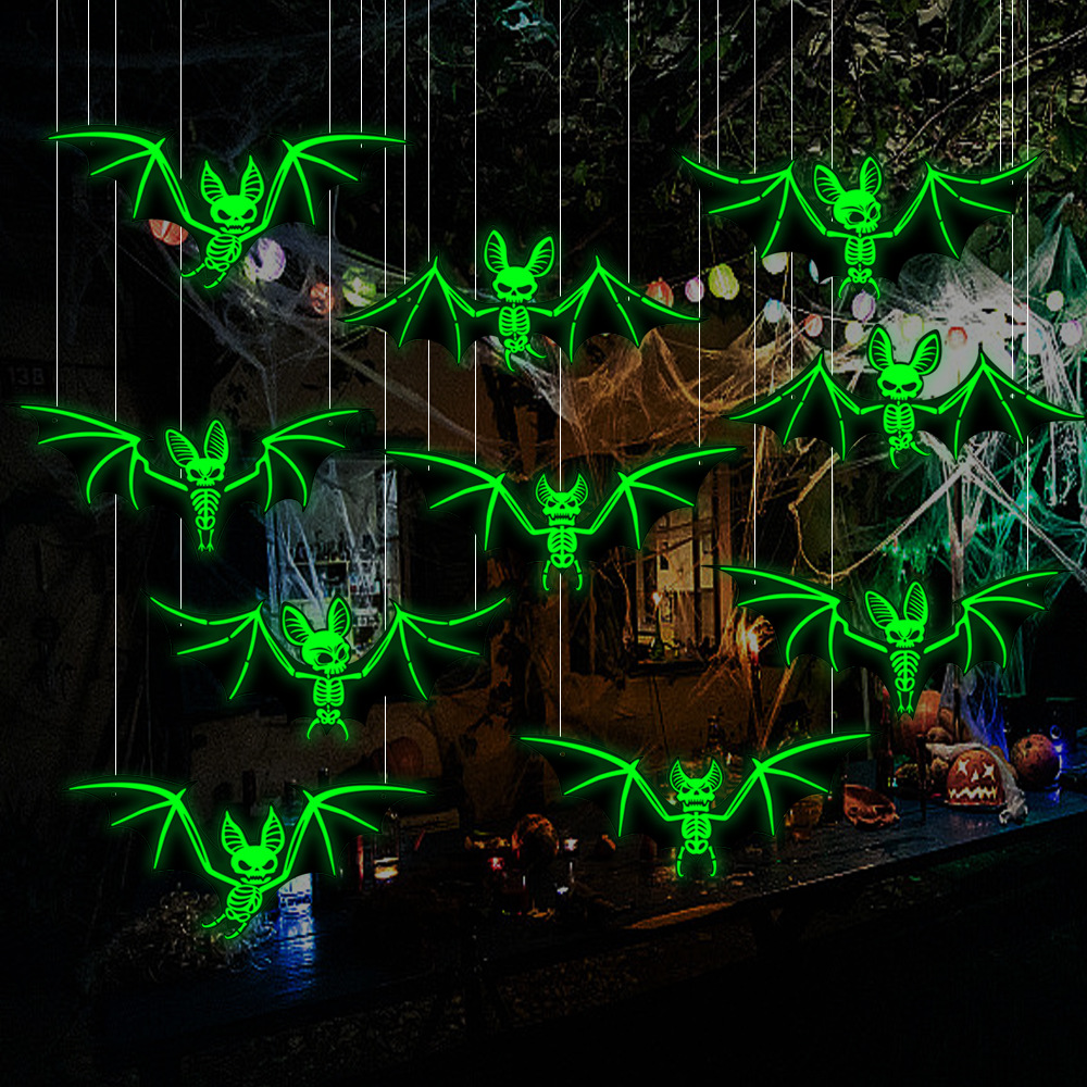 10pcs Halloween Decorations 3D Hanging Bat Fluorescent Glow-in-the-Dark Wall Stickers for Haunted House Party Decoration