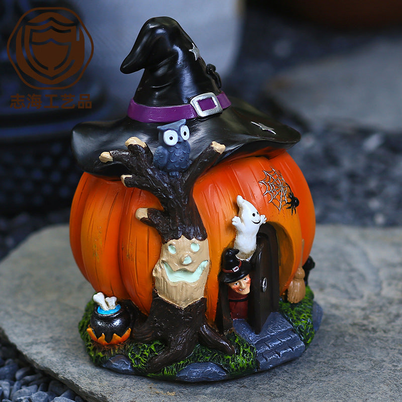 20CM Tall Halloween Witch Pumpkin House Decoration Garden Night Light Resin Craft Gift