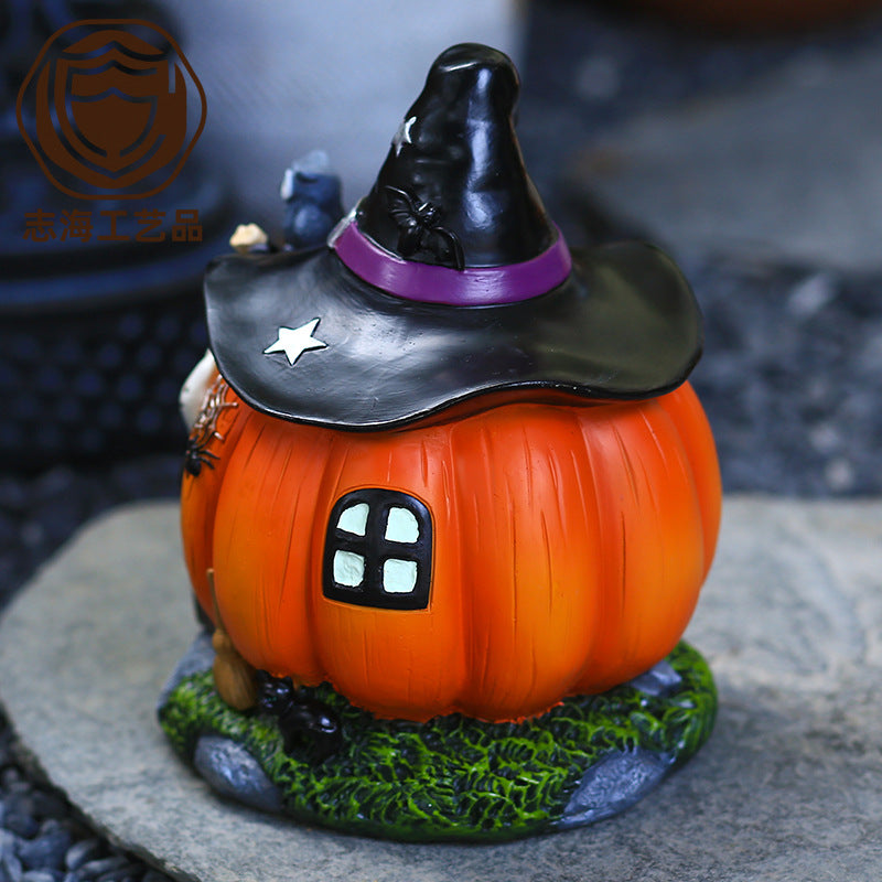 20CM Tall Halloween Witch Pumpkin House Decoration Garden Night Light Resin Craft Gift