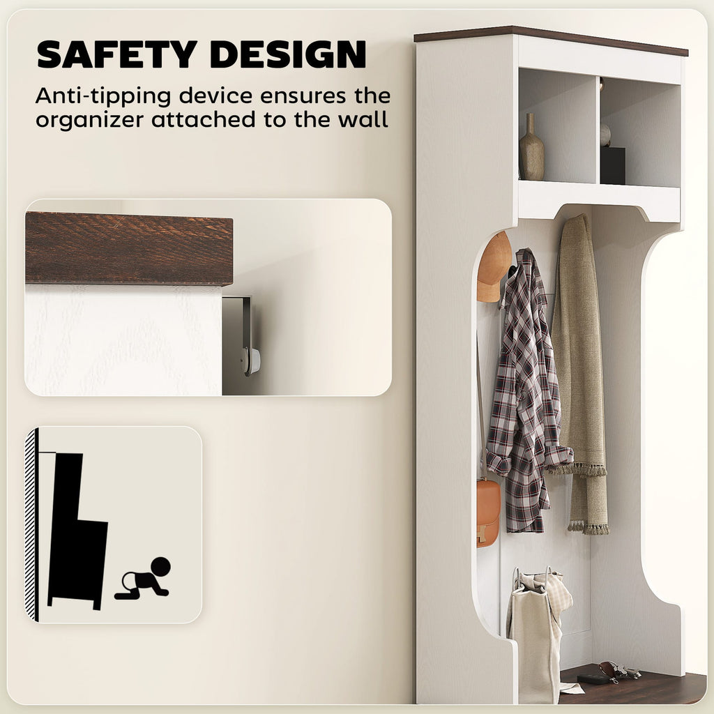 Home Organization 3-in-1 Hall Tree with Shoe Storage | Coat Rack, Bench & Entryway Organizer – White Wood Grain