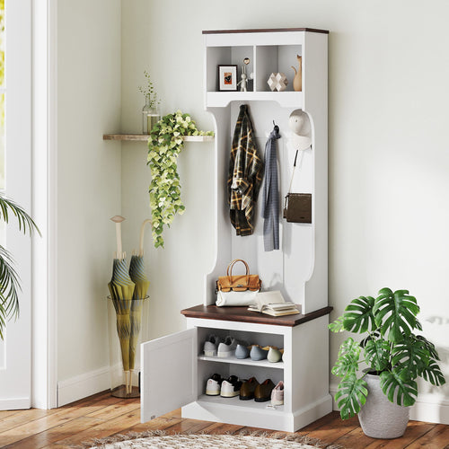 Home Organization 3-in-1 Hall Tree with Shoe Storage | Coat Rack, Bench & Entryway Organizer – White Wood Grain
