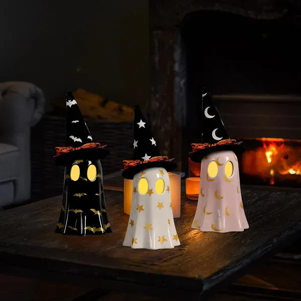 Halloween Decor Ceramic Ghost Trio | Set of 3 Spooky Witch Hat Ghost Figurines for Halloween Decor