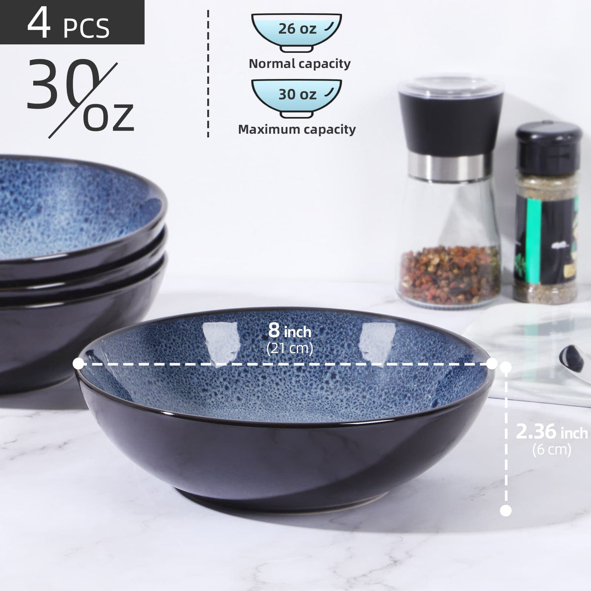 Kitchen & Dining Artisan Kiln-Glazed Peacock Blue Bowl Set | Set of 4 Ceramic Bowls for Everyday & Entertaining