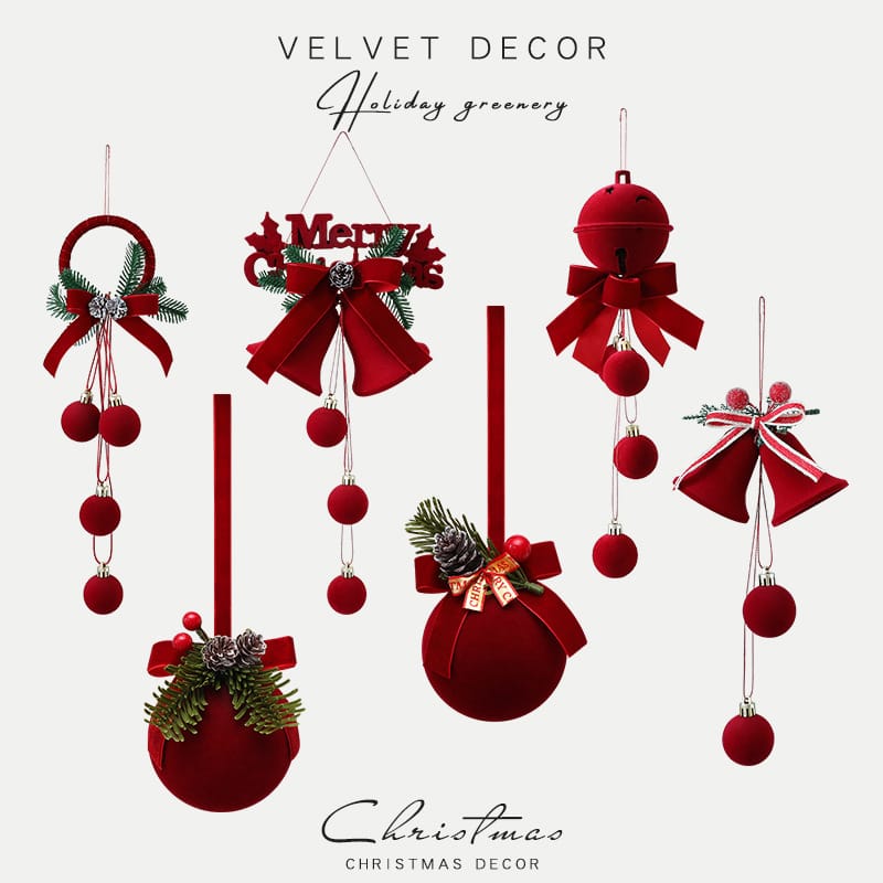 Christmas Decor Velvet Red Christmas Bell & Bow Hanging Decorations