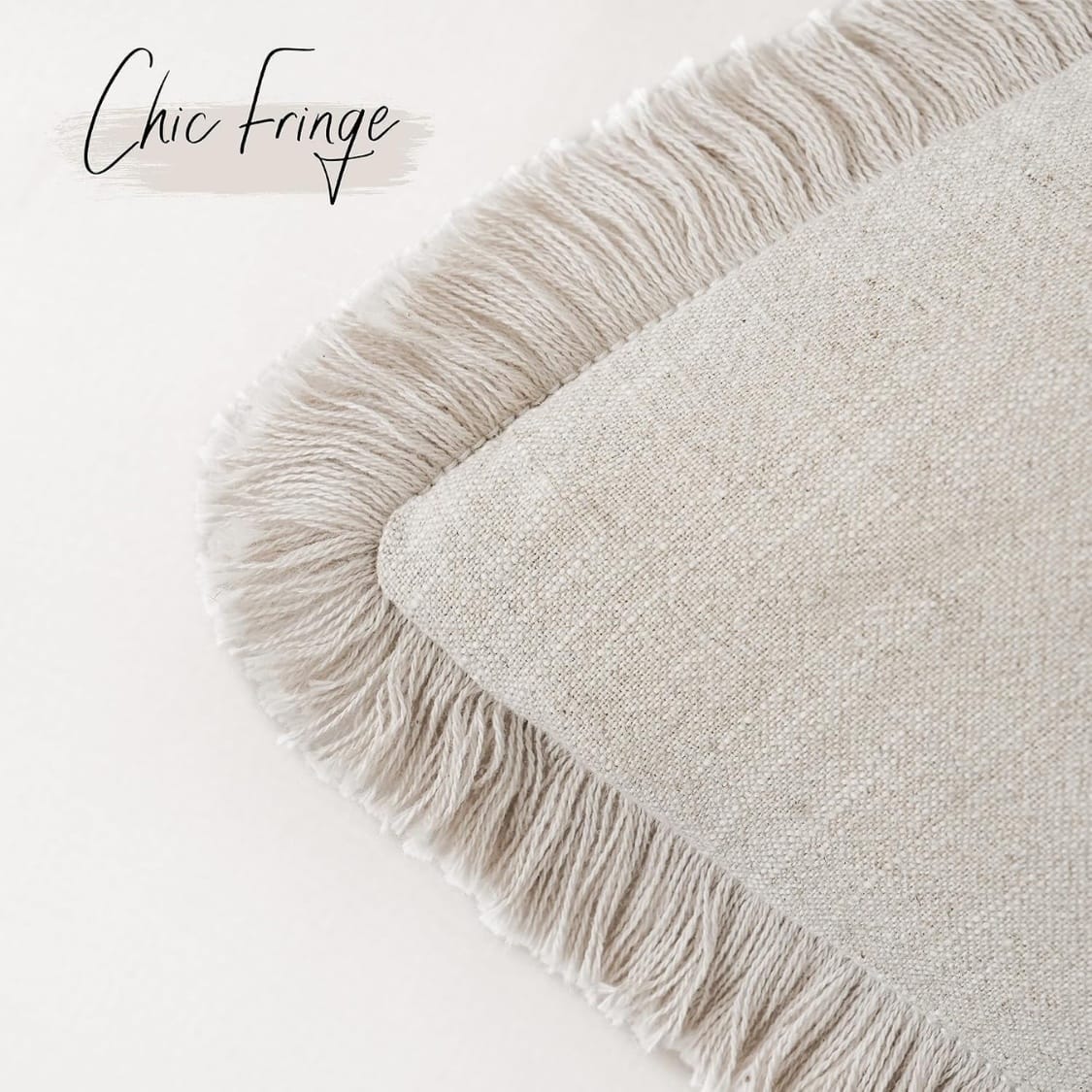 Home Decor Natural Beige Linen Fringe Throw Pillow Cover 18x18 | Boho Accent Cushion Case, Set of 2