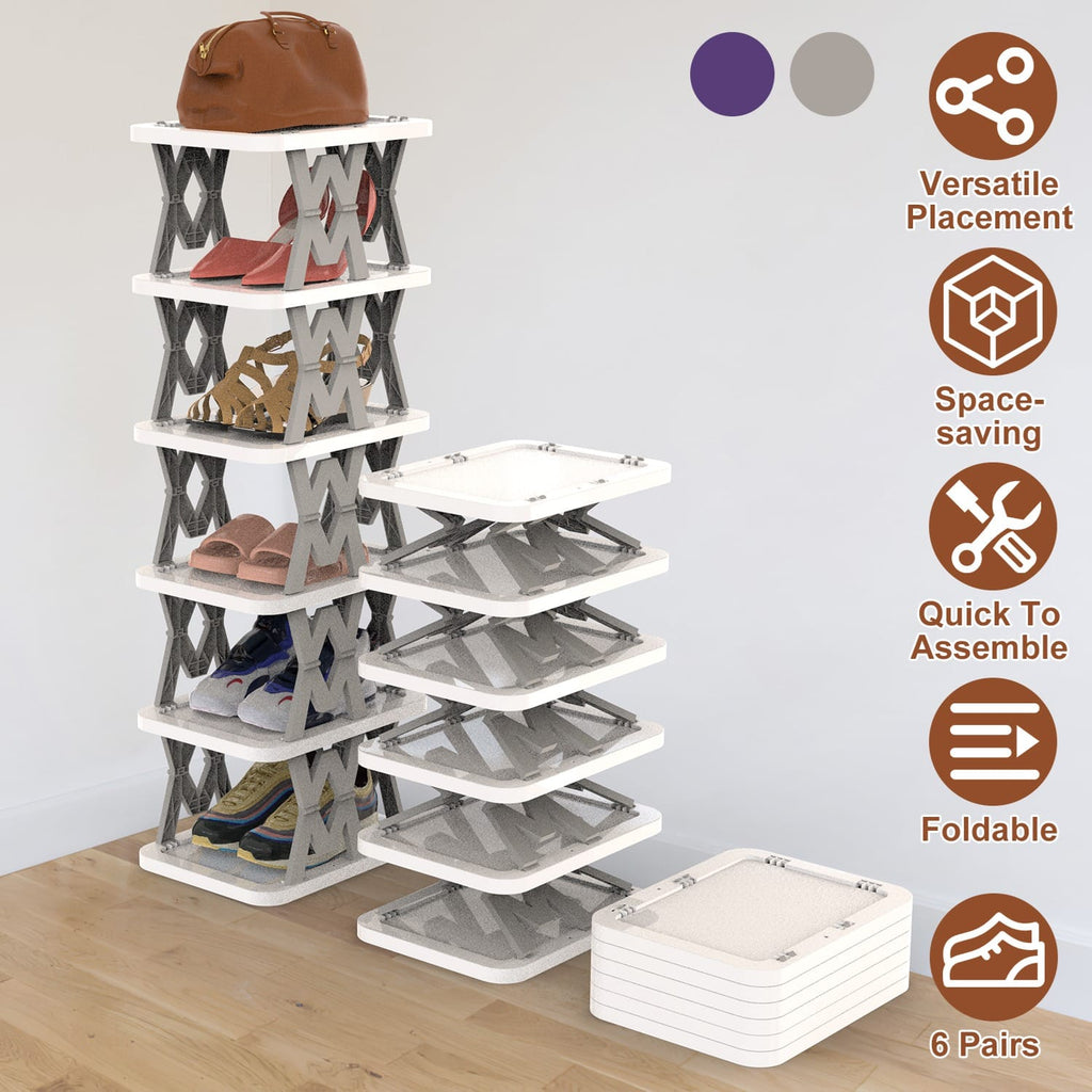 Home Organization 6 Tier Foldable Shoe Rack Organizer | Space Saving Vertical Shoe Storage for Small Spaces – 2 Colors
