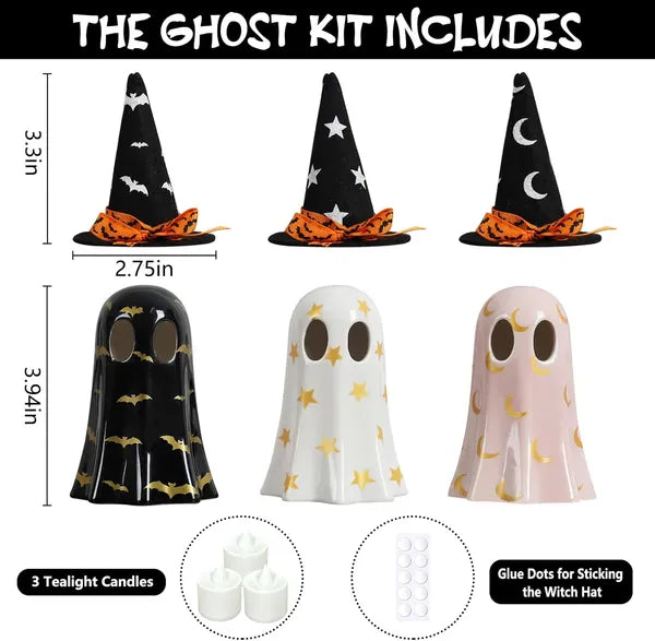 Halloween Decor Ceramic Ghost Trio | Set of 3 Spooky Witch Hat Ghost Figurines for Halloween Decor