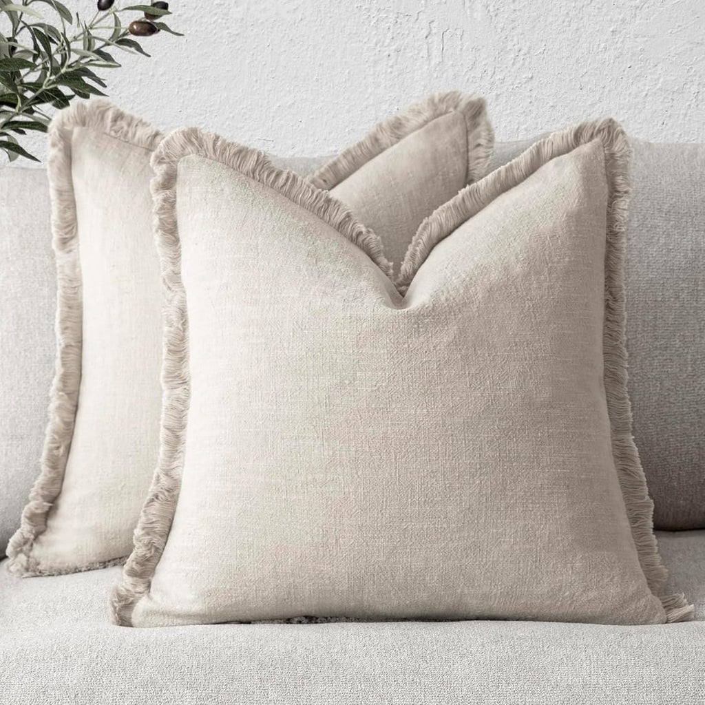 Home Decor Natural Beige Linen Fringe Throw Pillow Cover 18x18 | Boho Accent Cushion Case, Set of 2