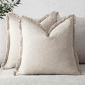 Home Decor Natural Beige Linen Fringe Throw Pillow Cover 18x18 | Boho Accent Cushion Case, Set of 2