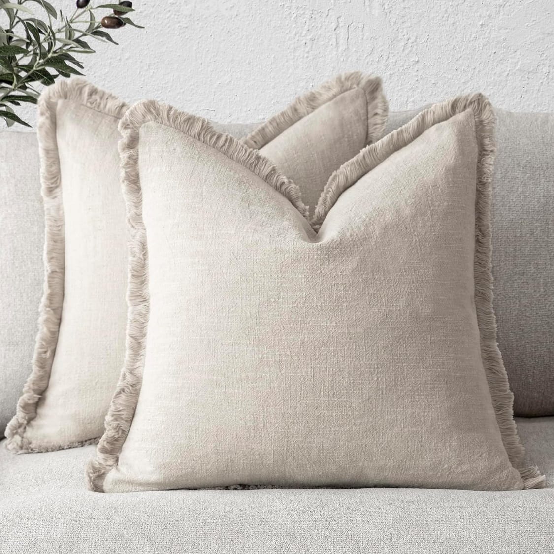 Home Decor Natural Beige Linen Fringe Throw Pillow Cover 18x18 | Boho Accent Cushion Case, Set of 2