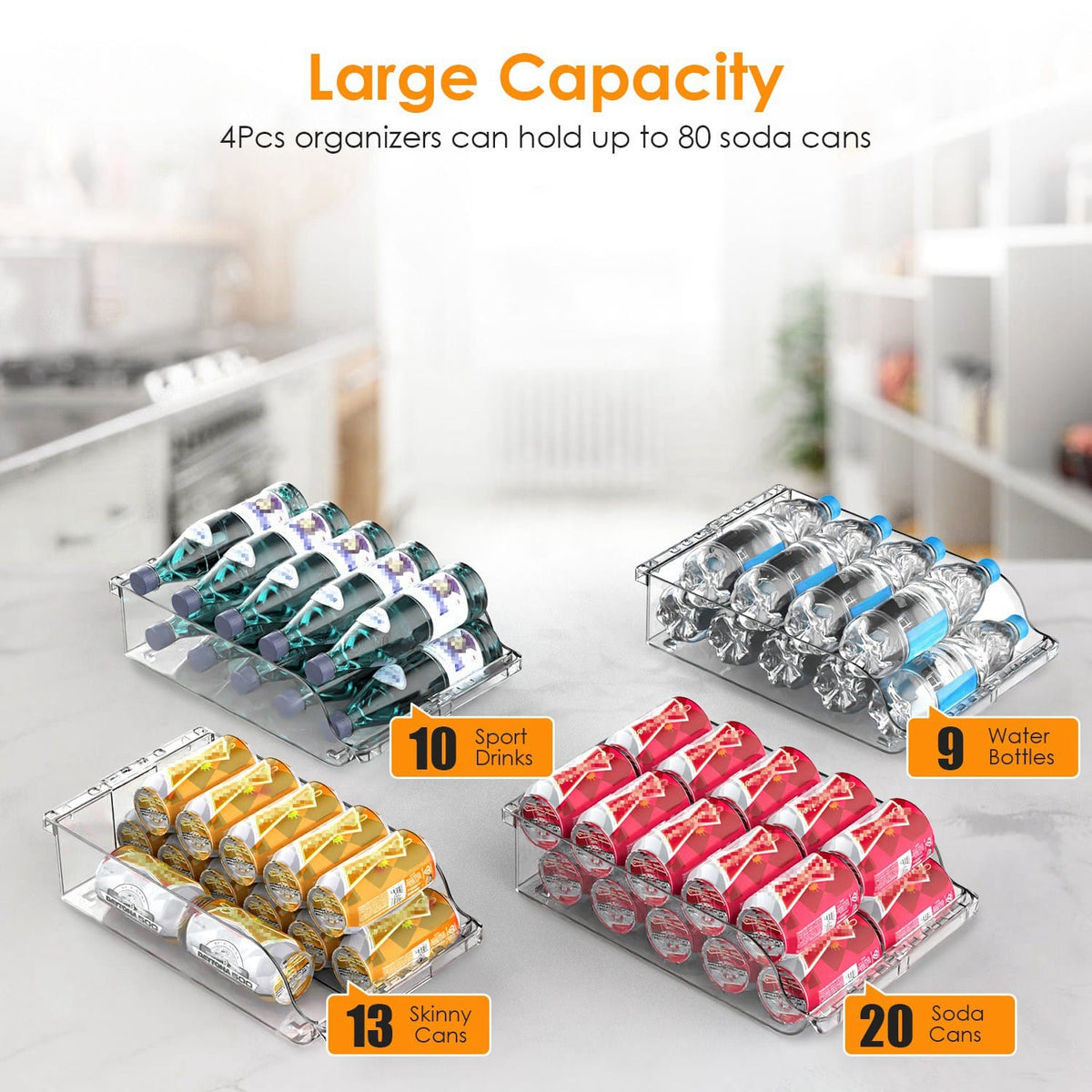 Home Organization 4-Pack Adjustable Beverage Organizer for Refrigerator – Clear Soda Can Storage Racks